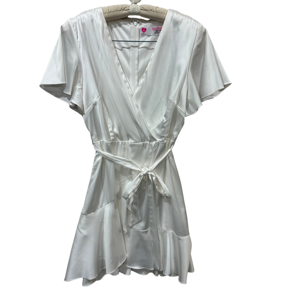 Southern Fried Chics White Satin Wrap Ruffle Mini Dress L721-HT‎ Womens Medium